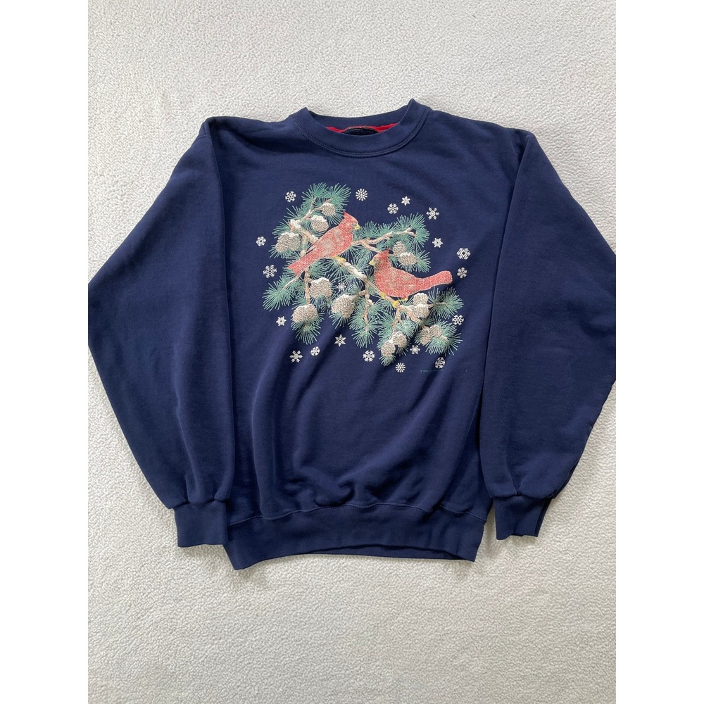 Endless Designs Women Large Sweatshirt Navy Blue Cardinal Winter Graphic Vintage